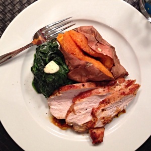 Pan Roasted Turkey Breast with sweet potato and steamed baby spinach