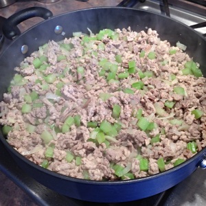 Browning the ground turkey and vegetables 