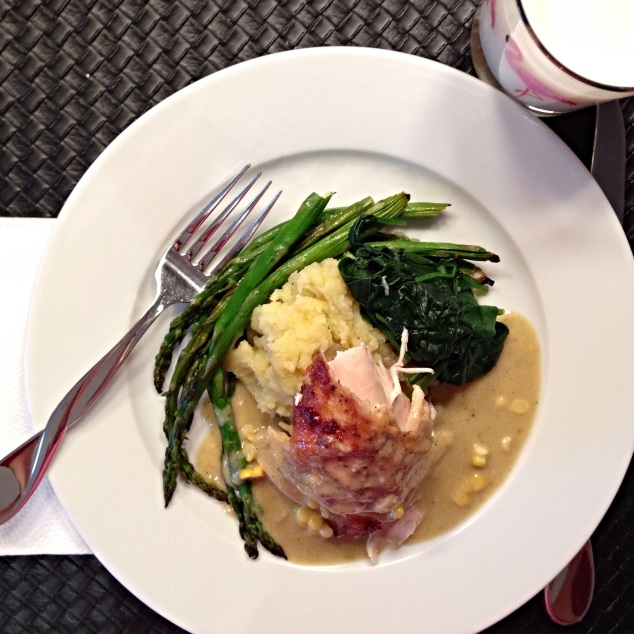 Chicken in Milk served with mashed potatoes and sautéed spinach