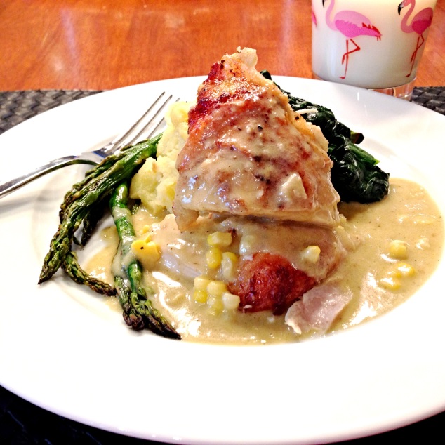 Chicken in Milk with sauteed Spinach, grilled Asparagus, smashed potatoes in a Lemony Corn Sauce