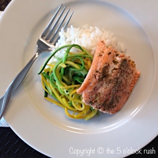 Oven Roasted Rainbow Trout with Zucchini Spaghetti with Sticky Rice