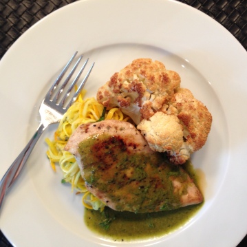 iPhoto Pan-fried Pesto Chicken Breast with Zucchini Pasta and Roasted Cauliflower
