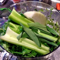 Celery, Onions and Parsley in Food Processor