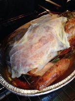 Turkey Ready for Oven Covered with Cheesecloth