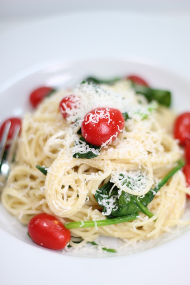 Spaghettini with Spinach and Grape Tomatoes in a Egg Yolk and Parmesan Sauce
